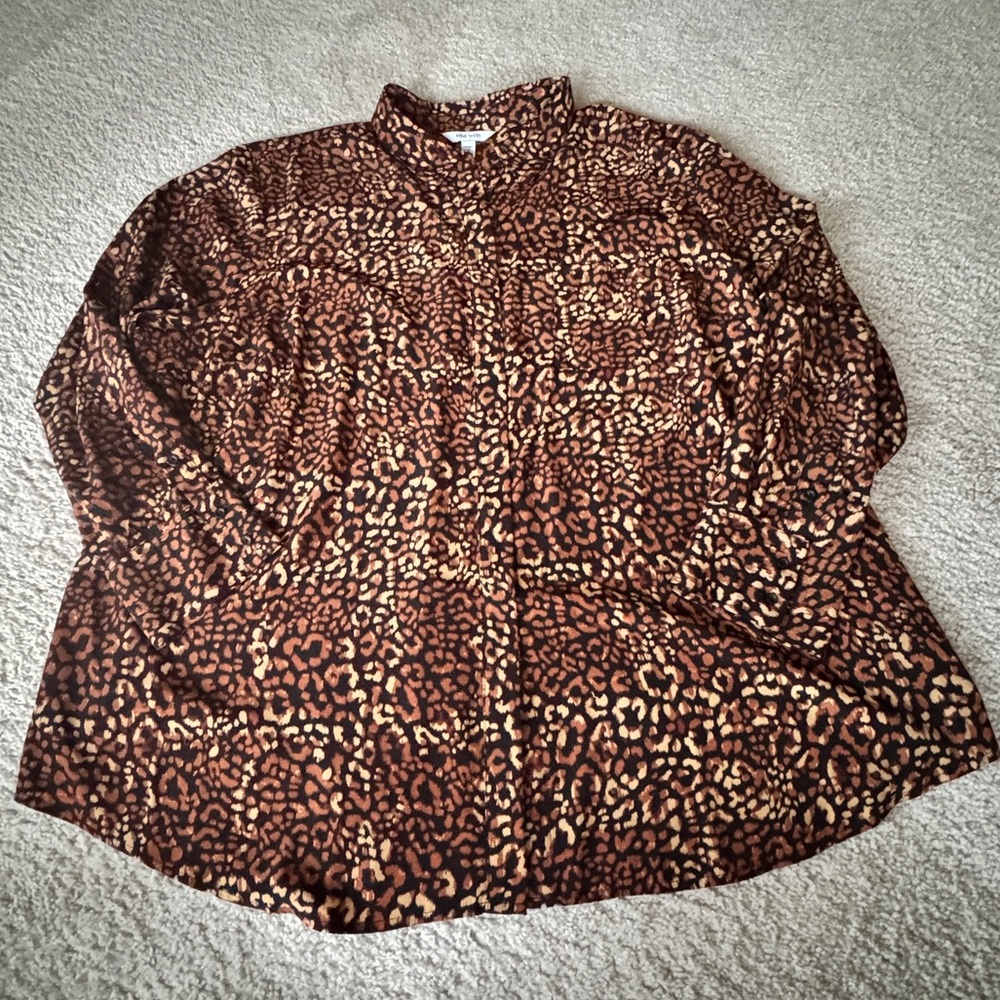 Nine West Brown Leopard Print Button Down Shirt - 4X